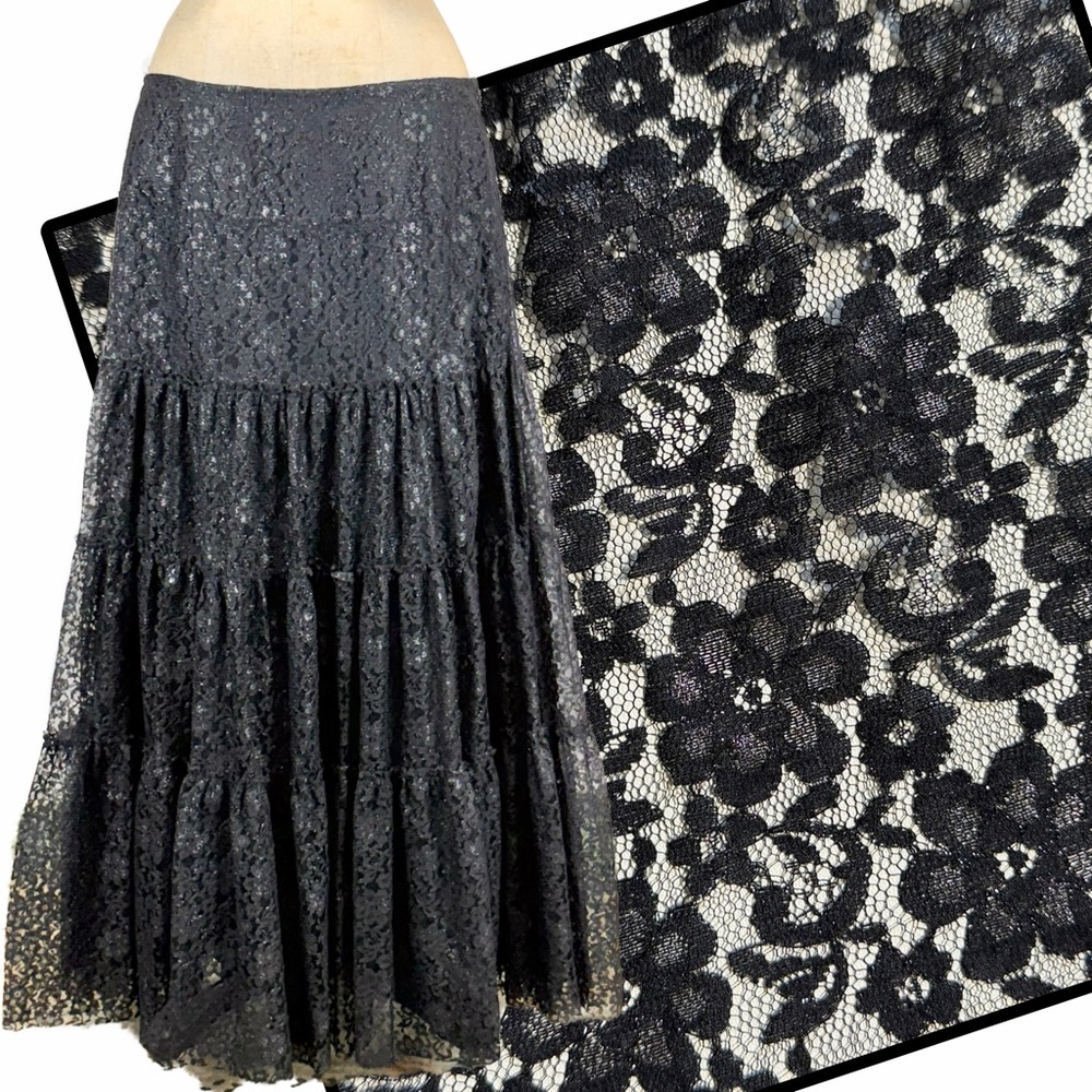 VINTAGE‎ INC black lace skirt long maxi tiered ruffle whimsigoth dark fairy Y2K
